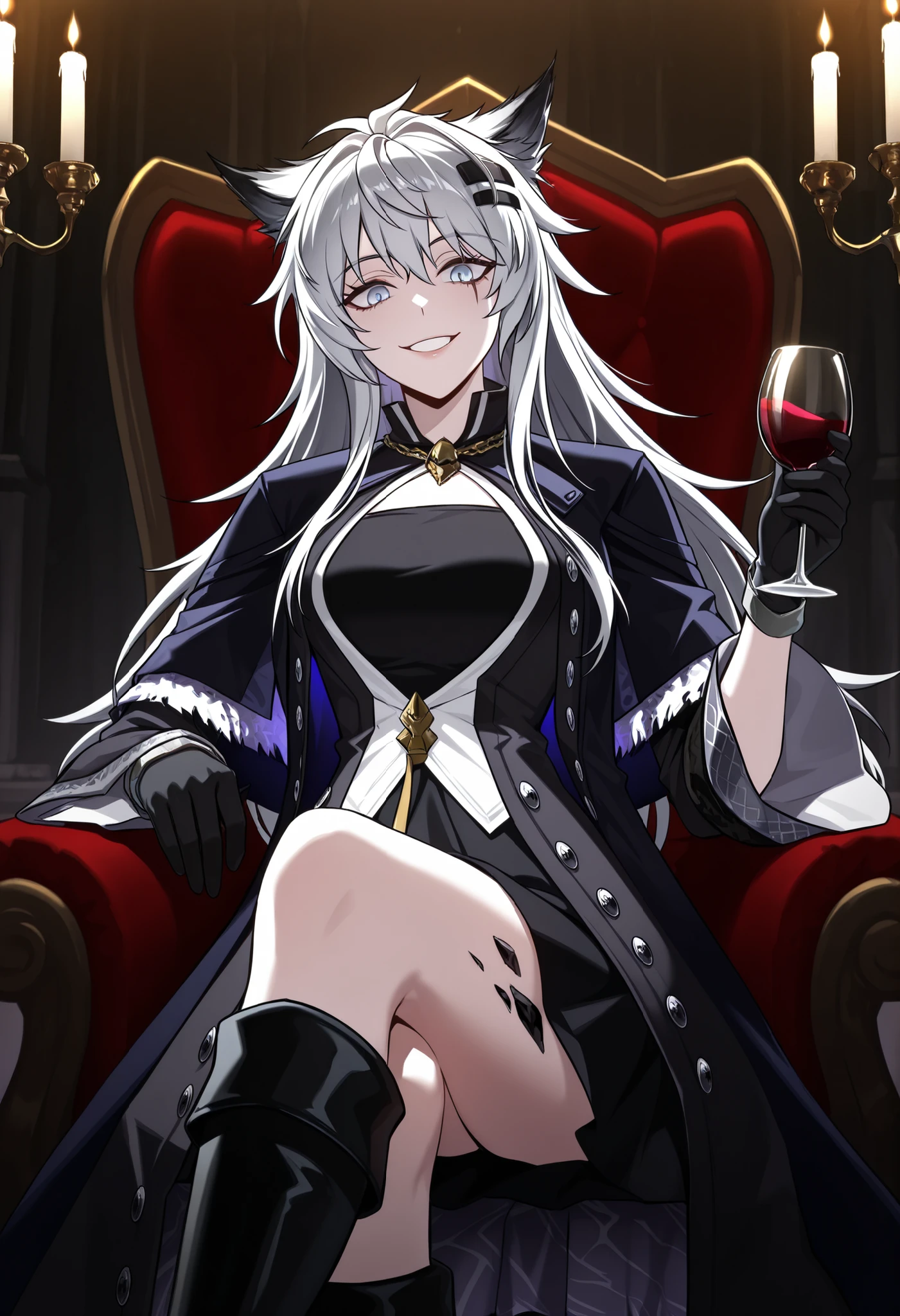 ((mfant)), (lappland_(refined_horrormare)_(arknights)), 1girl,solo,long hair,looking at viewer,smile,bangs,blue eyes,skirt,shirt,hair ornament,gloves,long sleeves,dress,holding,animal ears,sitting,white shirt,flower,grey hair,boots,parted lips,open clothes,black gloves,hairclip,indoors,hand up,wide sleeves,black skirt,black footwear,grin,black dress,official alternate costume,coat,feet out of frame,rose,wolf ears,knee boots,crossed legs,red flower, holding cup, alcohol,drinking glass,open coat,black coat,red rose,scar across eye,candle,wine glass,wine, oripathy lesion (arknights), candlestand, lappland infection_monitor_(arknights), (masterpiece, best quality), dim light, cinematic shot, absurdres, HD, 8k, beautiful, detailed, sharp, cinematic lighting, highest quality, ((perfect face, very deep eyes)), Milf, mature female,