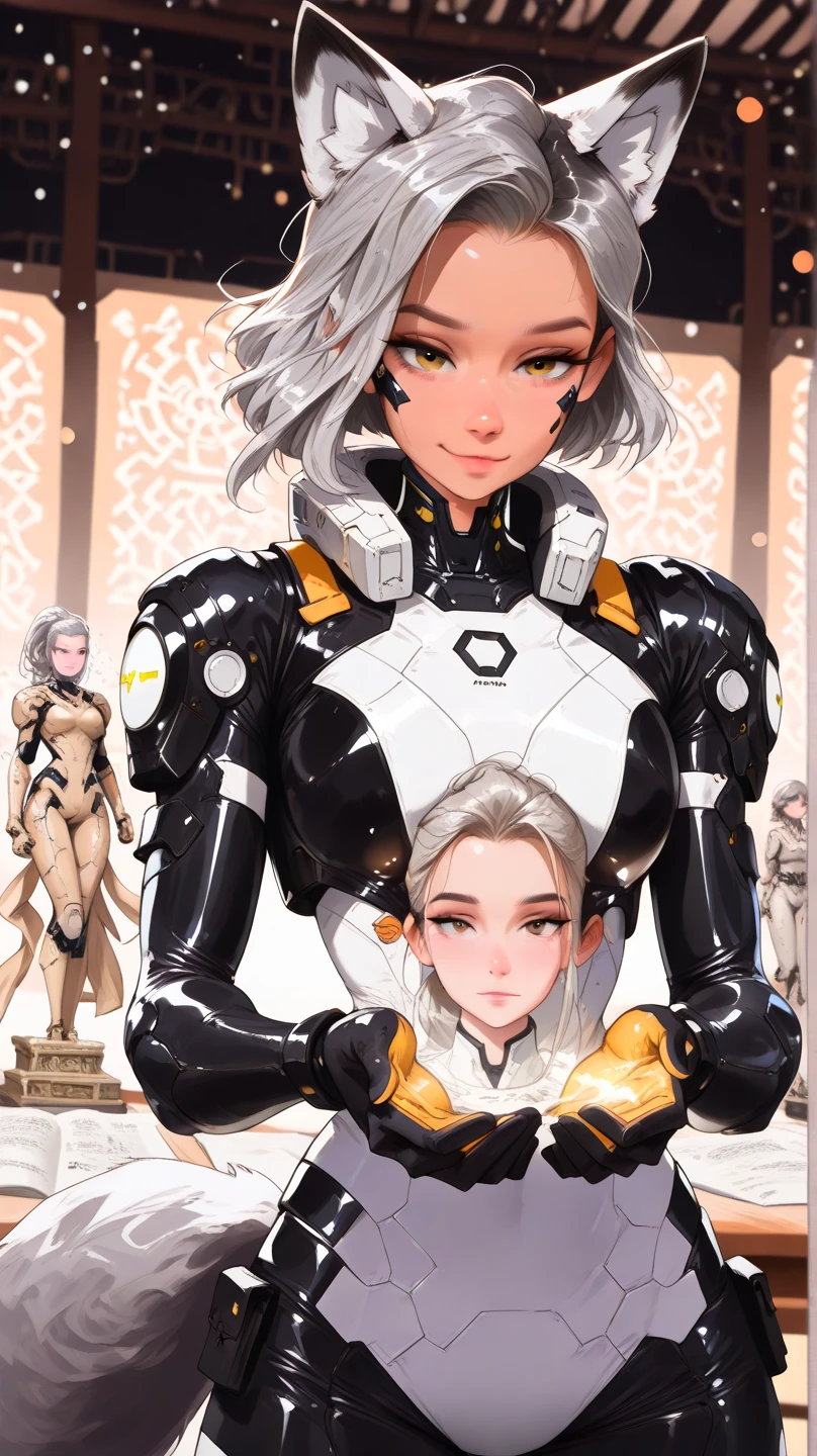 (masterpiece), (best quality), (high res) 2boys, (perfect anatomy) (perfect face, (Female robot), (superheroine), android girl, teenager, (gray with yellow accents full body robotic metal armor), (yellow cape), (yellow shinning core in the chest), gray metal gloves and gray armored boots, (metallic), (beam saber), pale skin, shinning yellow eyes, (gray short shoulder length hair), wide hips, thick thighs, narrow waist, (standing on the rooftop), (futuristic city), (night)