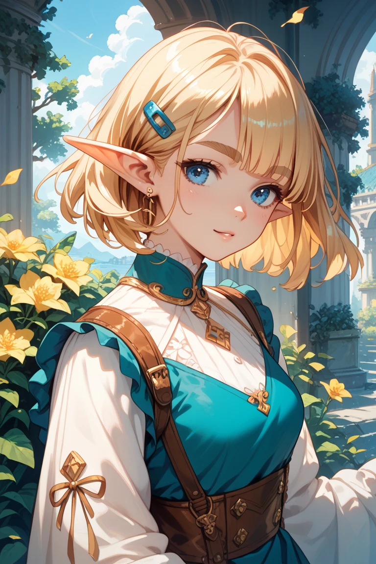 tarot card layout,Best quality, Masterpiece, (Realistic:0.6), Realistic lighting,Flower frame, Decorative panels, abstract artistic, Alphonse Mucha, (Art Nouveau, A high resolution: 1.4), A detailed, Complicated details, 4K,Wheel of Fortune,golden colored,Solid, BREAK, highly detailed of (elf), (1girl), solo, big breast, perfect face, details eye, Bob cut hair, Blunt bangs, (hair between eye), blonde pink hair, blue eyes, in the style art by Artgerm, by Kawacy, by Yoshitaka Amano, BREAK, eyelashes, makeup, eyeshadow, pink eyeshadow, light pink lips, smile, blush