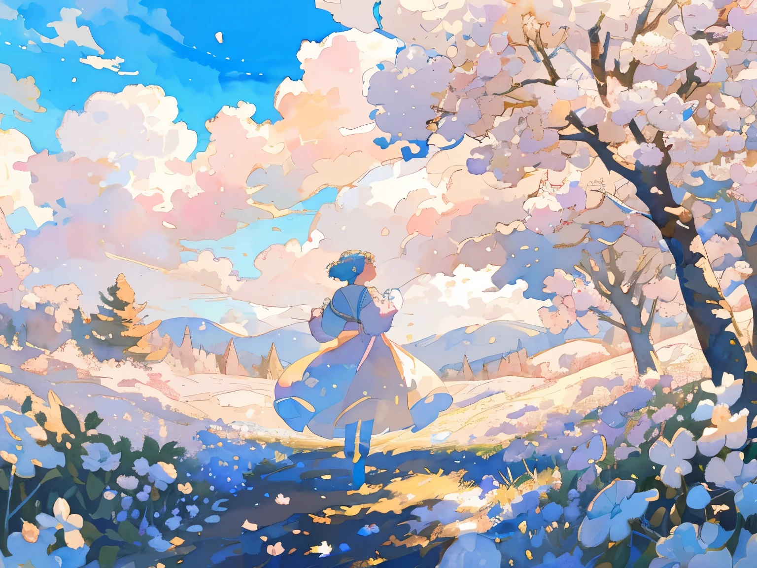 점수_9, 점수_8_위로, 점수_7_위로, Watercolor, A watercolor illustration of a peaceful forest scene, gazing up at the bright blue sky filled with fluffy white clouds, The scene has a dreamy, fairy tale atmosphere, with soft pastel colors, gentle lighting, and a storybook-like charm