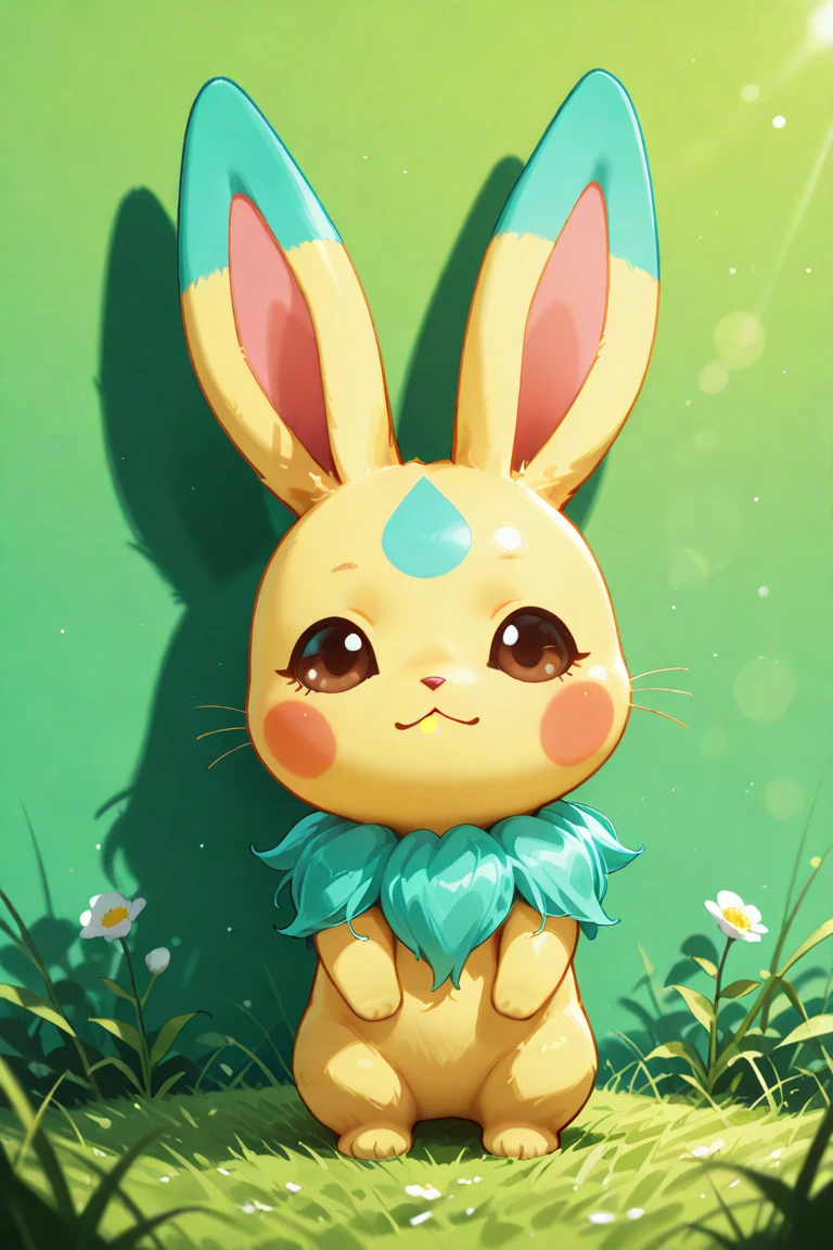 A small Chibi baby humaniod creature.
Appearance: a chimera , half bunny half man half bug. With wings. Big anime eyes,
Style : cel shaded , 3d , anime, Full-body, t pose.
This is a digimon