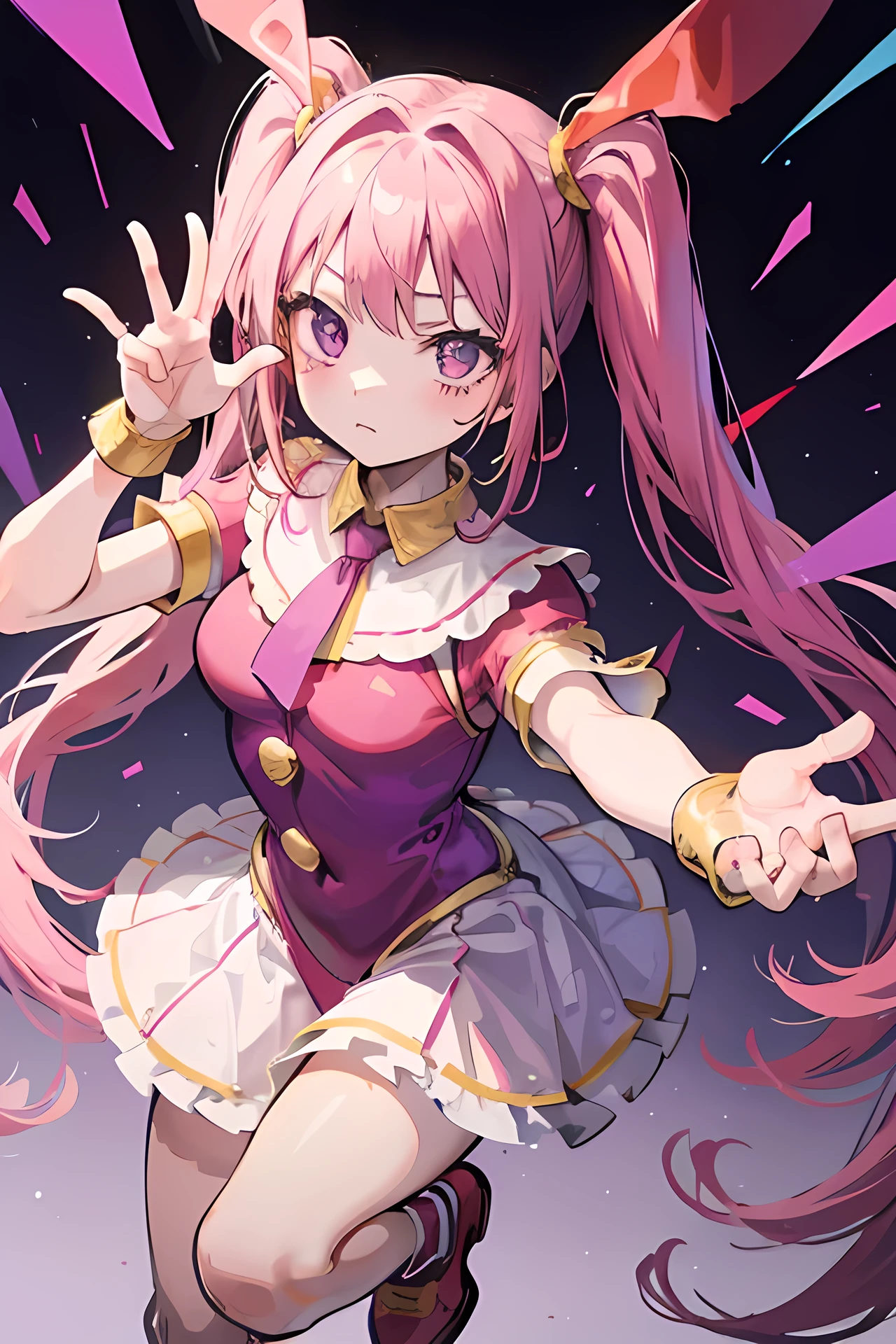 Young girl, pink twintail long hair, purple eyes, circus theme, circus style, magician