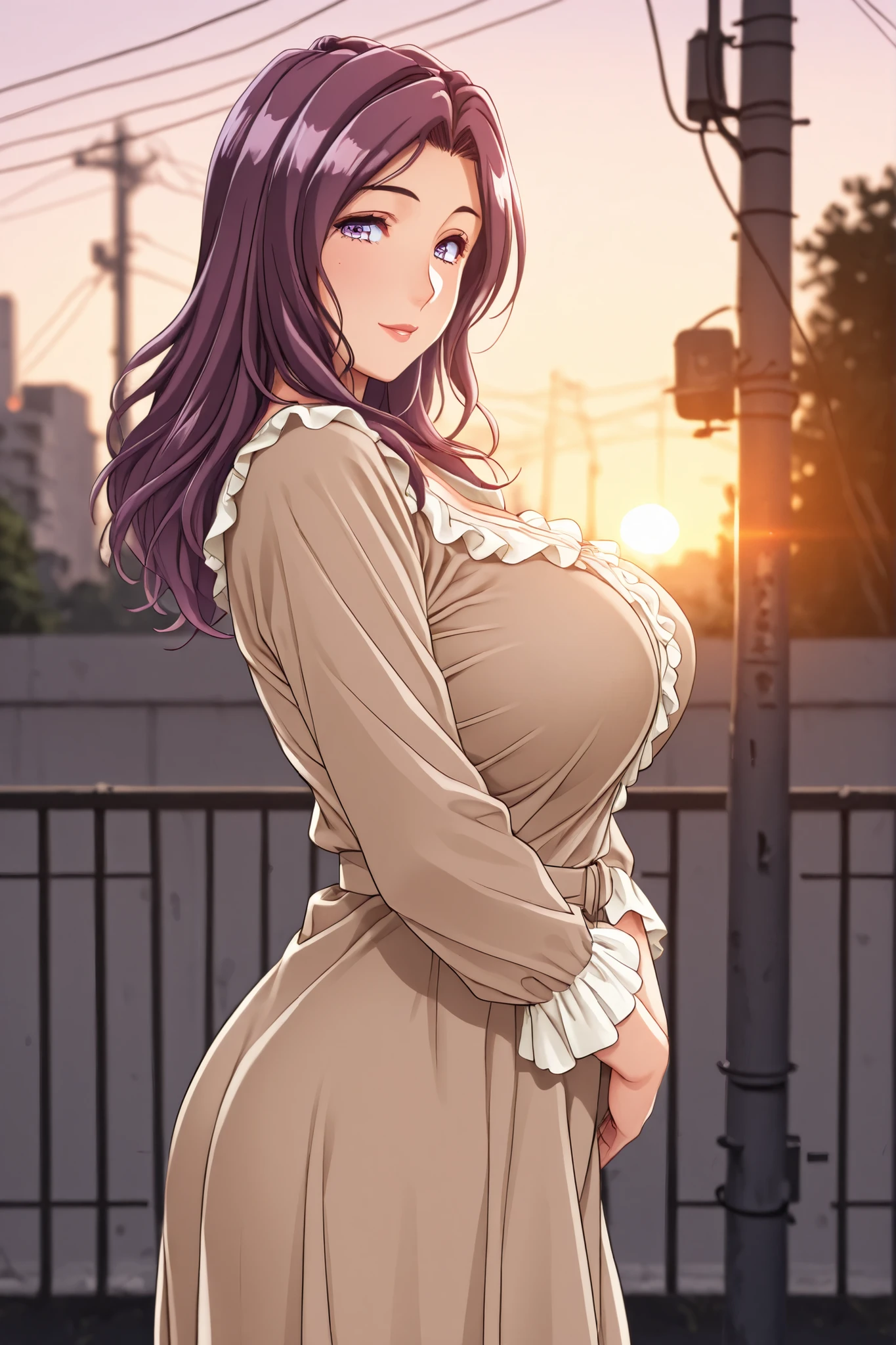 masterpiece, best quality, newest, nagorr, 1girl, purple hair, long hair, parted bangs, purple eyes, large breasts, mature female,1990s \(style\), blurry background,blurry, depth of field,outdoors,fence,utility pole,power lines,city frills, posing,from side, brown dress,looking at viewer,sunset