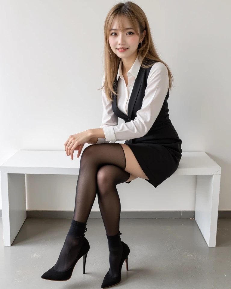 Ulchan-6500-v1.1, (RAW photo:1.2), (Photoreal), beautiful detailed girl, (genuine: 1.4), very detailed目と顔, beautiful and fine eyes, Vests with various patterns、((Sitting with legs aligned:1.3))、(super realistic pantyhose:1.2), (high heels)、((Business service))、(very affectionate smile:1.2)、huge file size, High resolution, very detailed, highest quality, [masterpiece:1.6], enlightenment, very detailed, finely, highest quality, 8k wallpaper, movie lighting, 1 girl, 26 years old, perfect body shape, Cute droopy eyes、beautiful big eyes、highest quality, 1 girl, eye shadow, Upper body, portrait, ((full body shot:1.3))、
