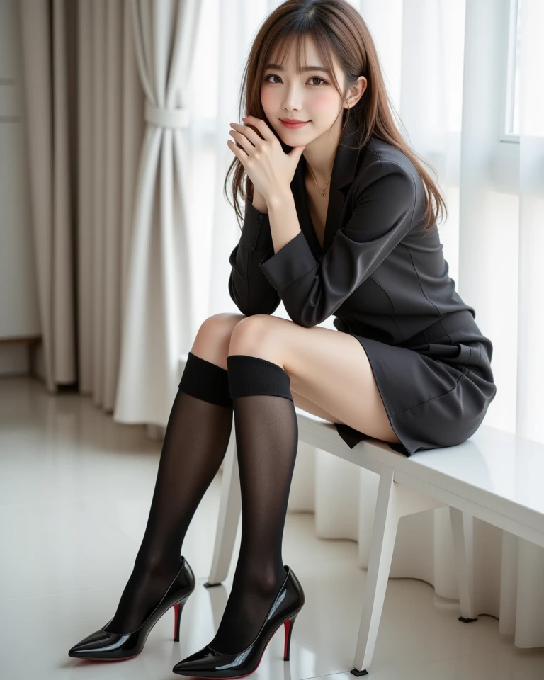 beautiful japanese woman，Photo taken by a professional photographer，Flashy makeup with red eyeshadow，double eyelid，best smile，Delicate brown hair with a short cut and side waves，Large ring earrings，elegant legs，wearing black high heels，long and thin legs, White shirt and ultra-mini skirt, long legs, standing during class, very beautiful slim legs, とても美しいlong and thin legs, sitting at the desk, business services, beautiful feet, good hips and long legs, beautiful feet, black tights，black stockings，black pantiesストッキング，random pose，black panties，