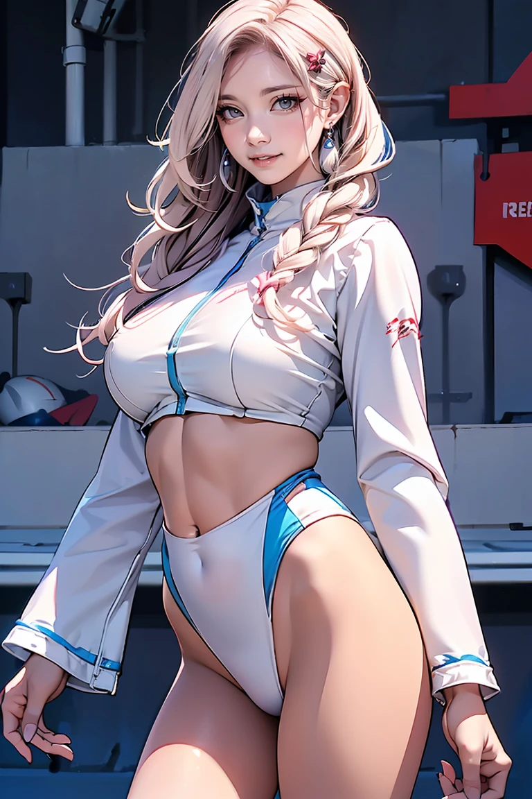 (Photorealistic: 1.4), Best Quality, Ultra High Resolution, 4K, Instagram, High Detailed, Alice (Nikke), Animal Ears, Artificial Animal Ears, Gloves, Headphones, Headset, Jacket, Pink Bikini, Pink Eyes, Back, White Hair, VirtualGirl-Aim, ,Normal Breasts, Big Thigh, Long Hair, Crystal Pendant, Smile,