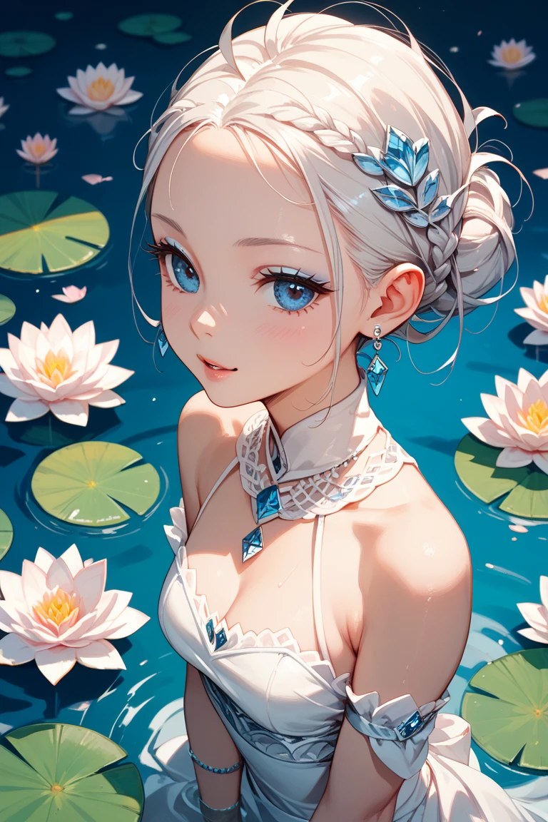 Beautiful fairy with jeweled lotus flower、Fusion of beauty and lotus flower、Fantastic waterside、Blue lotus flower、Drops dripping from petals、Beautiful jewel lotus flower、fantasy landscape、beautiful pond、File Fantasy-like grandeur、masterpiece、High resolution, Award-winning works