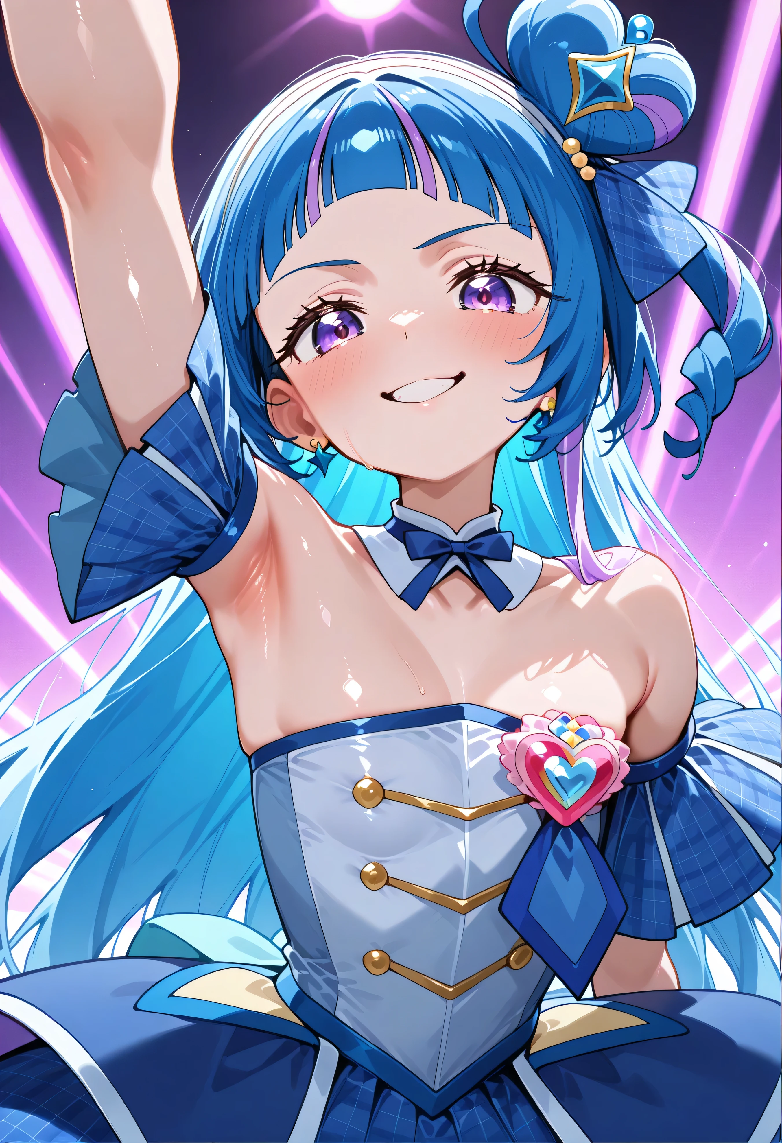 、  Look Down、from below、 break、Cure Wink、cure winks 、Idol Kimi and Idol Pretty Cure Blue Hair、Magical Girl、 mini crowns、purple eyes, blue dress ,slanted hat,very long hair,Dull bangs,bare shoulder,headband,,,nsfw,evil smile、shiny skin NSFW,lewd,最高品質,非常に詳細な画像,シングル,1人の少女