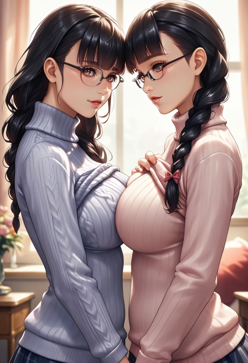 2 heads, a tall fat woman with 2 heads. Inside a bedroom with a window. Laying down in a bed, laying on back. Nerdy. Wearing sweater, wearing jeans. Deep cleavage. Enormous round fake breasts. Big messy brown hair in a bun. Mature. Blushing. Happy, smug. Gigantic fake breasts. Gripping breast. Nerdy. Wife. Mother. Wide hips. In love. Blushing. Huge lips, lipstick. Kiss, close-up kiss, kissing. Close-up.