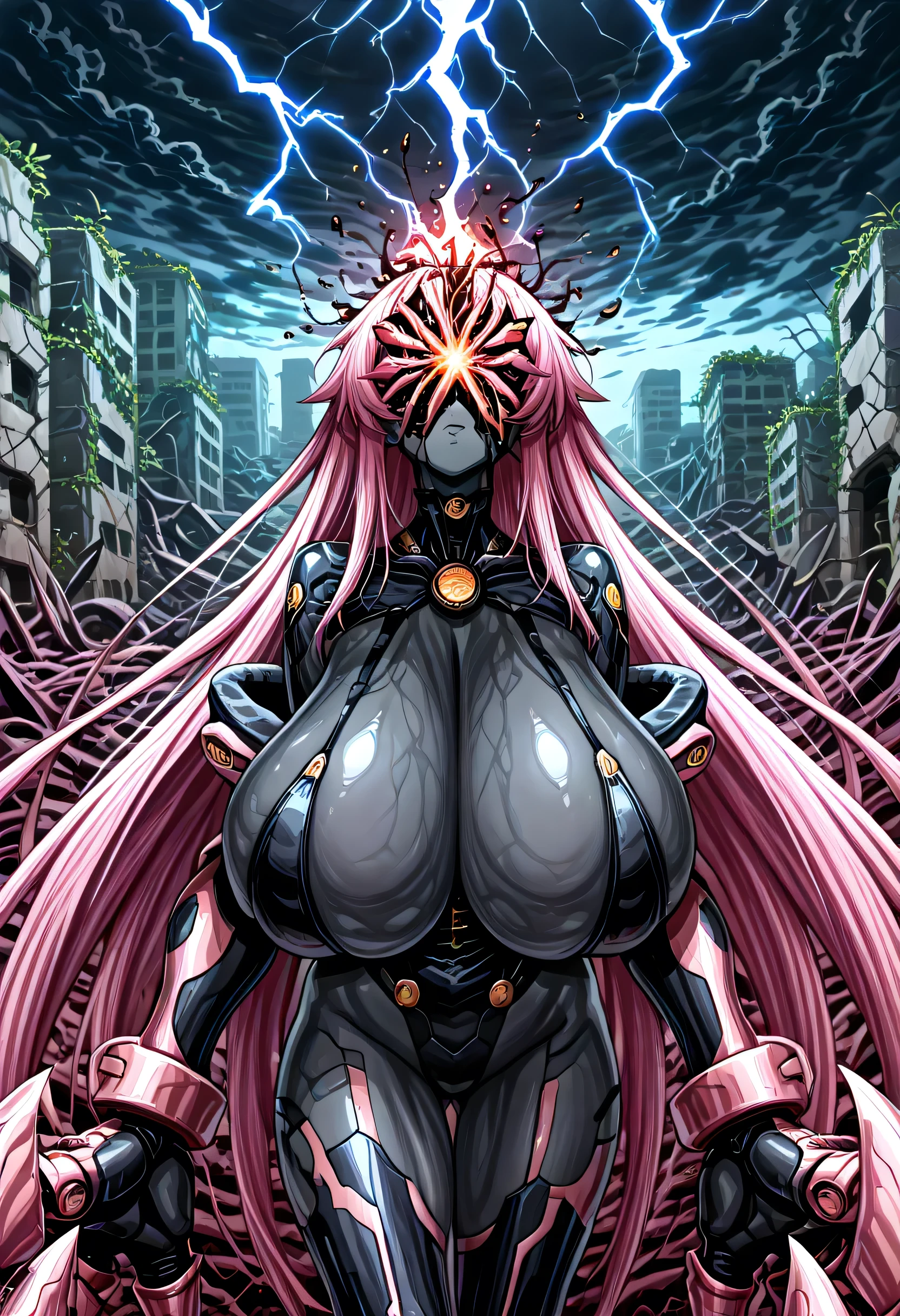 masterpiece, 最High Quality, High Quality, very beautiful, , newest, , 、、頭にParasites、hides the head、brainwashing、((( surprisingly large )))、、 、assimilation、、 、Neo Alpha、Rahum 、bodysuits、Parasites、 headless、Cover your head、、brainwashing、、huge breasts、、Ruins、dvsk、、 Darkness、 Dark Clouds 、Lightning strikes、Broken Building、Claws、prosthetic limb、Passion Lip、Mel Trilis、Machine Black Skin
