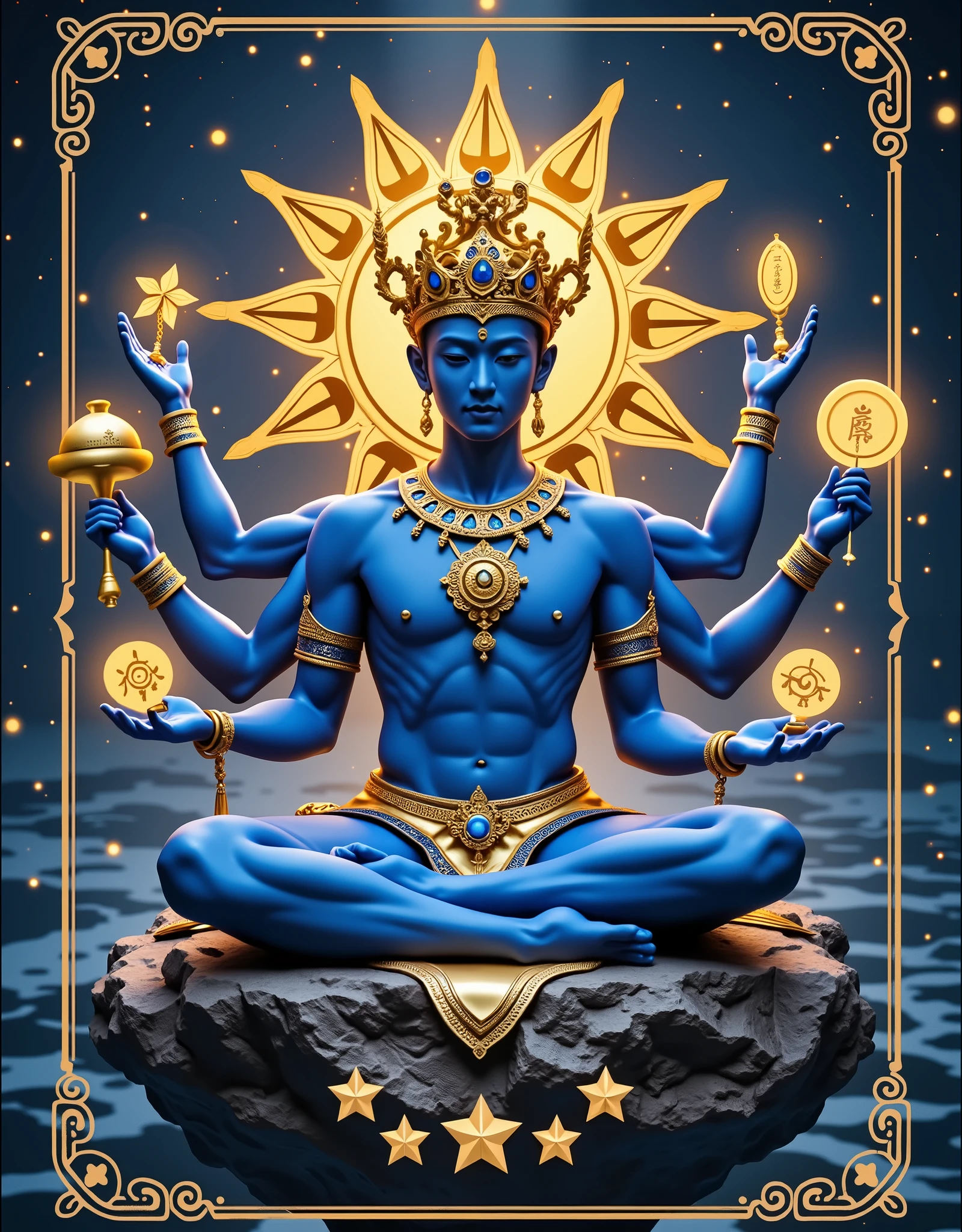 masterpiece, Reality, best quality, Ultra High Resolution, Blue and Gold Duet, Play cards , In the middle of the card is a disc of Asian male gods meditating, young, Handsome, Dark Blue Skin,  [Six Arms ，Each hand holds a golden glowing treasure: Hand Ringer Bell, sword, Gossip Mirror, Golden Circle, Little Golden Hammer, Yu Ruyi  ],  Decorated Gold Jewel Crown, Gold Glittering Gemstone Ornament, Gold Back Halo, naked upper body, Dark Blue Starlight Shorts, Full Body Gold Luxury, border above the card, in each hand All cards have a golden border geometric pattern, Horizontally arrange five golden star-shaped geometric patterns in the center of the card just below the border above the card, Soft Background, Complex Composition,