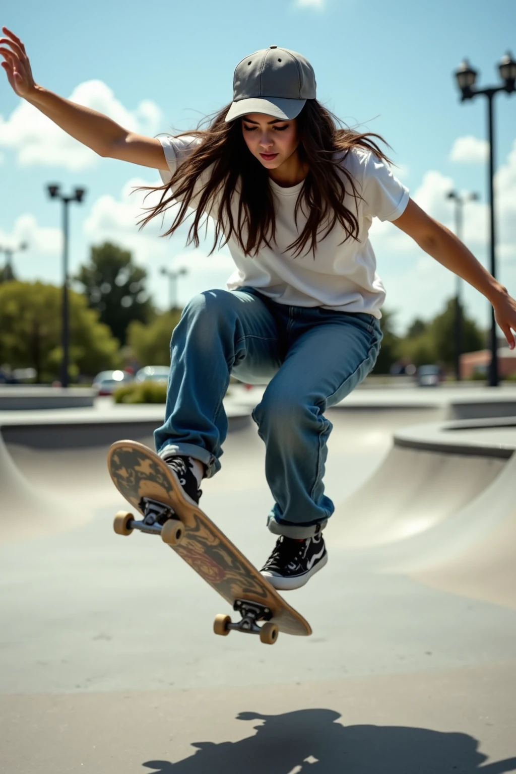 Athletic girl  skateboard in flight, capture dynamic energy, highlight muscular build, determined expression, tousled hair, infuse with atmospheric detail  sunkissed, golden hour lighting at urban skatepark, conclude with a sports photography vibe, in the style of action shots.