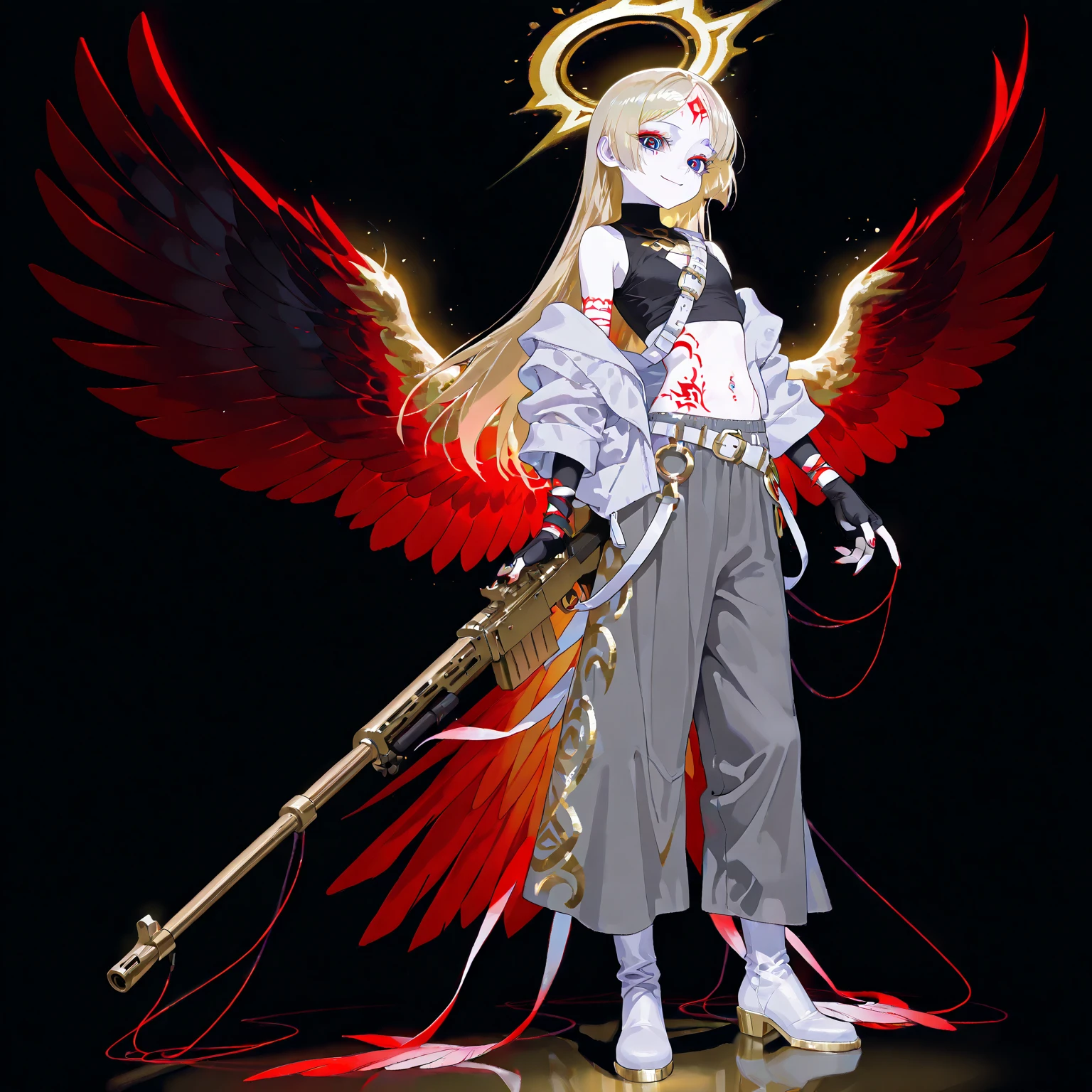 masterpiece、solo、girl、short、student、long blonde,straight hair、golden hair、center part、split bangs、Smooth Hair、 Blue Eyes、Red pupils、Blue and red eyes、pretty eyes、Half an eye、thick eyelashes、Golden eyelashes、smile、幸せなsmile、gray wide pants with red accents, white boots with straps, and fingerless gloves. black arm covers with gold accents、inner sleeveless、gray turtleneck、T-shirt、Grey tops、gray high neck、unconnected clothes、white scroll on chest、Hide the space between your breasts、Clothes that cover the chest、clothes without grooves、gray costume with intricate design、belly button、belly button出し、Clothes that don't show space between breasts、White jacket、Wear outerwear with gold accents、suggests calm, . flat chest、Wings growing from his waist、holographic colored feathers、five colored wings、Gradient Wings 、 spread wings 、Two feathers、bird tail 、Long, thin tail、cool vibe、Nail、with a wire-like string wrapped around the arm、Elegant appeal 、Street vibe、cool pose、military statements、Exquisite details with dynamic lighting, sharp contrast、god秘的な雰囲気.Balanced exposure details,newest、Viewers' Perspective、Abstract art、sporty、deep dark grey、fantastic、High Quality、 full body character design 、hold a gun、Carrying a large sniper rifle、2 guns、Extremely Aesthetic、Reference table、Amazing modern character trend themes、full shot、white buckle on the abdomen、最High Quality、perfect face、standing、The cable is tangled、newest 、 high resolution 、black background、 smart、cool、Tactical、 Stunning Resolution 、Super Detailed、Golden Water Aura、HDR、8K、Beautiful Delicate Eyes、antique、 clear line、yellow eyeshadow、looking down、fantastic、sun mark on forehead、white skin、Phoenix imprint on stomach、god、floating in the air、A halo under your feet、Halo at your feet、Engraved on the side、Golden Halo、golden stamp under the foot、golden water around the body、Extremely Aesthetic、