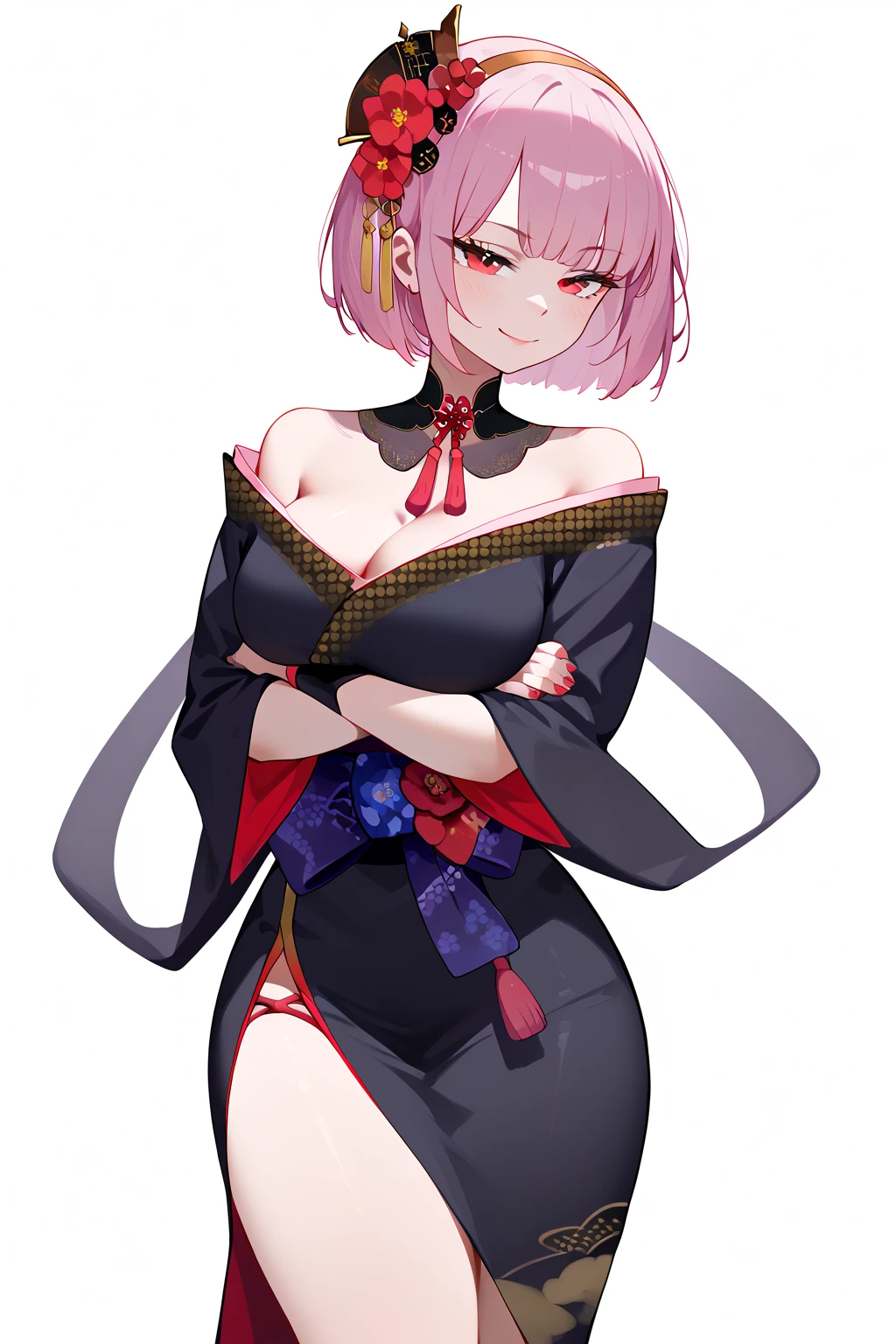 (masterpiece:1.3), (Best Quality:1.3), (Ultra-detailed:1.2), ((kawaii)), Cute, (lovely), ((sexy)), ((Extremely detailed)), 4K, (8K), Best Quality, (Beautiful), Illustration, anime style, (bold line:1.2), Gradation, //, standing, (contrapposto:1.2), //, a cute girl, 1girl, , (solo:1.2), //, large breasts, (Perfect eyes:1.2), (Perfect iris:1.2), //, Bob cut hair style, Bright peach hair color, (beautiful eyes) //, (half closed eyes:1.4), (sexual expression:1.2), Fascinated expression, (cool:1.2), (blush:1.2), //, (School uniform-based), Emphasizing cleavage, Skirt short enough to see underwear, //, (Single color (pink) based cute zentangle heart pattern background:1.3), zentangle background, (abstract background art)