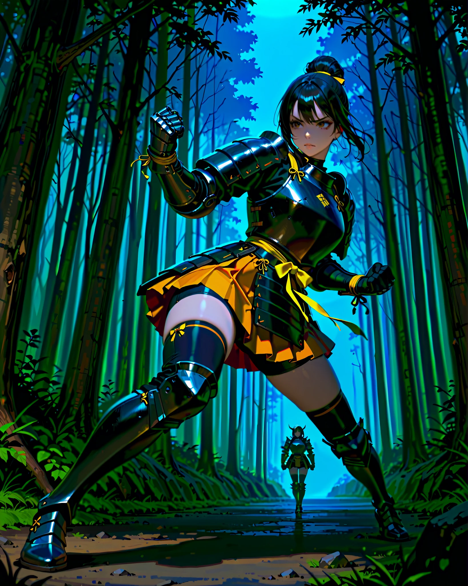masterpiece, highest quality, 8k, solo, solo focus, highly detailed, (perfect face:1.1), (high detail:1.1), dramatic, gritty, intense, anime character, dynamic fighting pose, 1girl, solo, solo focus, (dark black hair, tied up hairstyle), (wearing black gloves), (wearing samurai armor, armored gauntlets, armored boots, thigh-high boots), (wearing a skirt, orange skirt. pleaded skirt), (black biker shorts), modern art, hair covering eyes, (clenched hand, clenched hands), forest, beautiful face, beautiful eyes, (brown eyes), vibrant colors, night, highest quality digital art, Stunning art, wallpaper 4k, 8k, k, HD, unparalleled masterpiece, best quality, full body, dynamic lighting, cinematic, epic, cowboy shot, full body with costume.