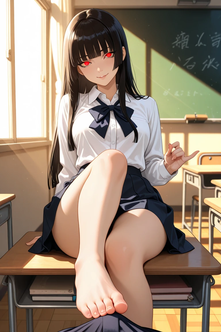 masterpiece, best quality, highres, hmjy1, long hair, blunt bangs, school uniform, red jacket, , white shirt, black ribbon, pleated skirt, long sleeves, cowboy shot, glowing eyes, blush, evil smile, sitting, classroom, dark background, open legs, black pantyhose, open mouth, barefoot, lifting feet, soles, foot fetish, soles