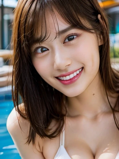 (Ultra-high resolution, highest quality, masterpiece: 1.2), (Realistic, PhotoRealistic: 1.37),bikini、Big Breasts、Medium brown hair、20-year-old gravure idol、Indoor competition pool、 look、Sexy pose,cute, Well-formed face,Beautiful,(smile,Happy:1.3),