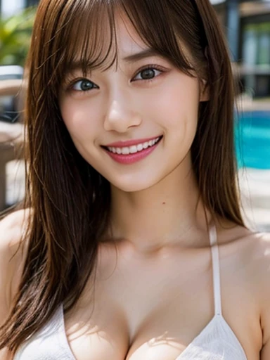 (((Expressing happiness through facial expressions:1.3))).(A white swimsuit that exposes a lot of skin:1.3, ),(sexy pose:1.3),(((white swimsuit))),(Poolside:1.3),(((Shiny light brown and orange striped bob hair))),(((messy hair))),perfect round face,cute eyes,cute smile,A cheerful smile that makes the viewer happy,(((bright appearance:1.3))),big breasts,emphasize the chest,perfect body curves,beautiful clavicle、wet hair,wet face,wet body,wet skin,wet costume,Detailed features of garments,Detailed characteristics of hair,detailed facial features,look at the camera,(dynamic angle),(dynamic and sexy pose),cinematic light,(pieces fly,highest quality,Ultra high resolution output image,written boundary depth,intricate details,The contrast of light and shadow makes the subject appear three-dimensional,) ,digital illustration,Single-lens reflex camera, (Photoreal:1.3),(8K quality,Anatomically correct facial structure,),(sea art 2 mode:1.3),(Image mode Ultra HD,)
