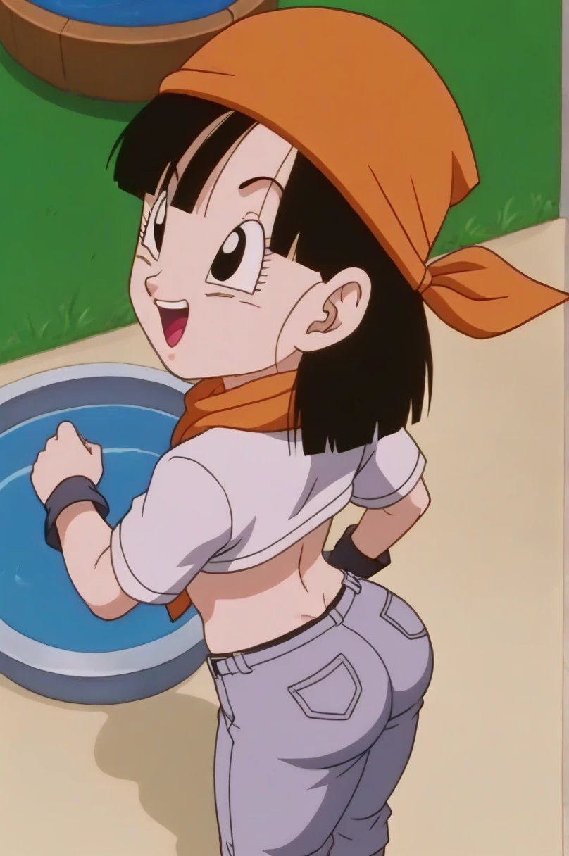 fountain_cheered up, score_9, score_8_above, score_7_above, cheered up screencap,8k, absurd resolution,
Pan \(Dragon Ball\), 1 girl, Alone, looking at the viewer, short hair, hits, black fur, session, whole body, blue bag, black eyes, crossed arms, crossed legs, schoolbag, denim, , ,  , orange scarf, retro artStyle, female , grey Pants, Waist bag, v shaped eyebrows, from below, rock, diaphragm, clavicle, 1990s \(Style\)medium , showing , 2nalgas, perfect , skimpy clothing, 
