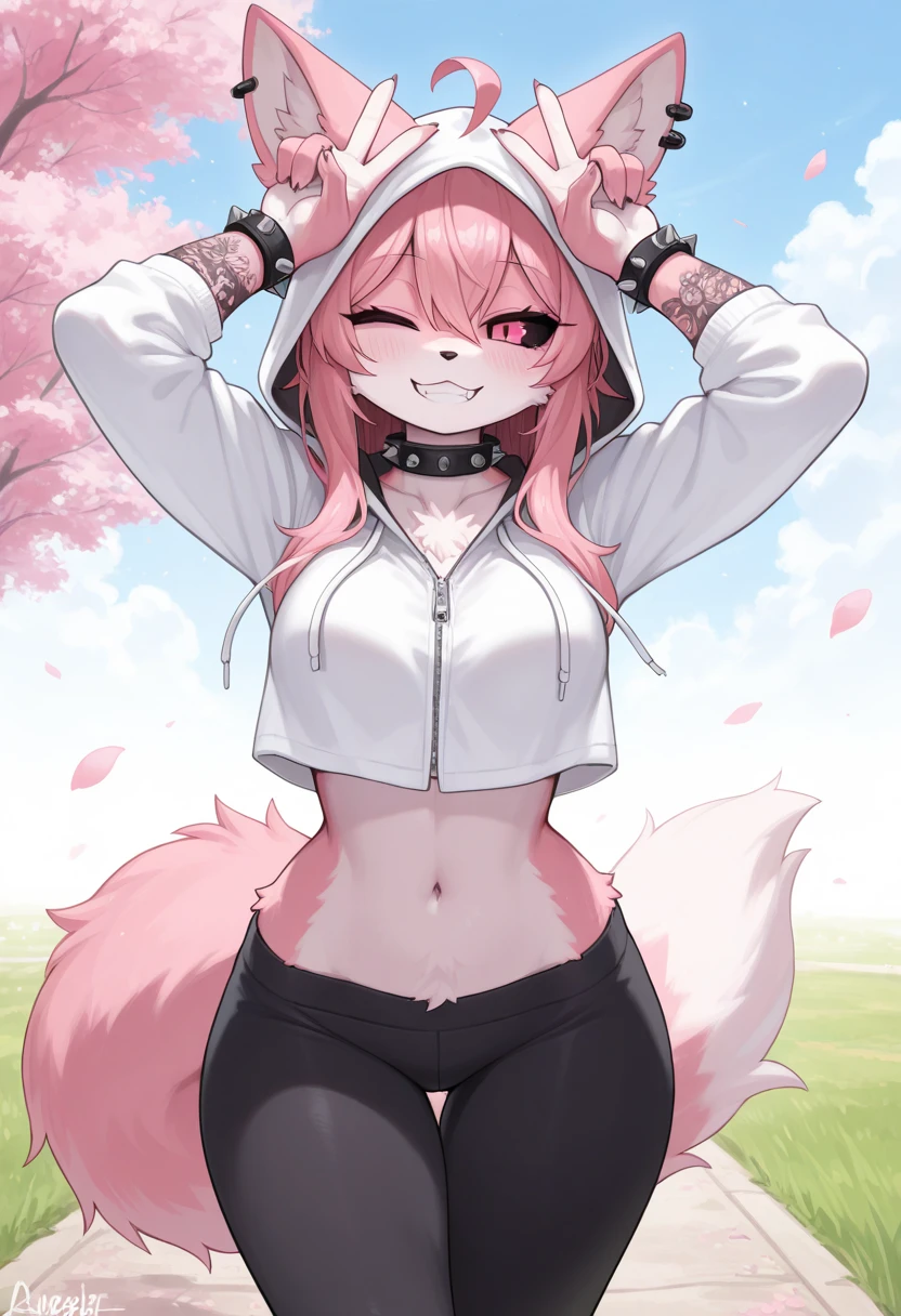 Nazuna_Hiwatashi, furry, furry female, White skin, ears, tail, smile, red eye, outside, pinkies Hair, multi-colored hair, wear a black tank top, short denim, by gudlmok99, by kikurage, medium breasts, playful posing, alone:1.2, Cherry blossoms in the background