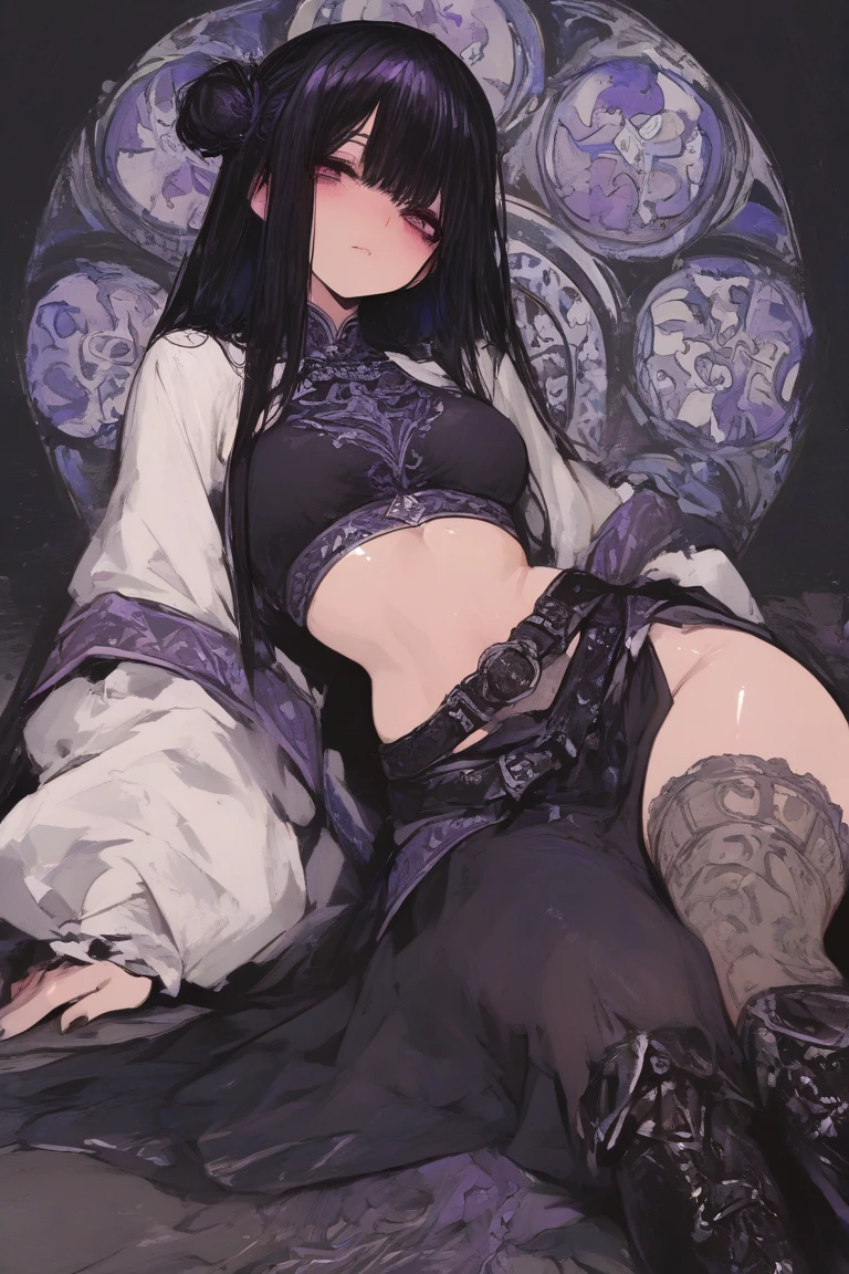 long black hair,slender legs,Yuzu,Backless,Plump breasts and buttocks,White long tube袜,long black hair,slender legs,Yuzu,Backless,Plump breasts and buttocks,White long tube,Purple clothing,Sit on the ground with your knees bent,A feminine look,Put your hands on your shoulders,White skin
