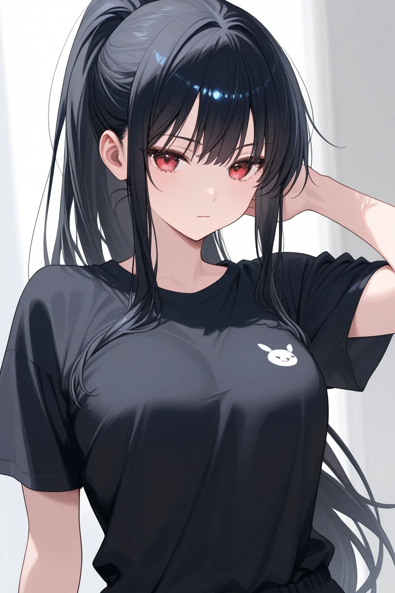Optimal,masterpiece,High resolution,highest quality,hyper hd,Super detailed,award-winning,16k,alone,(cowboy shot)、cute face,,black hair、long hair、twin tails、 hair line,((scarlet eyes)),long eyelashes,drooping corners of the eyes,Are standing、open your legs、thin legs、white skin,((shoot from below)), ((wearing a tight white t-shirt:1.5)), ((transparent nipples))、rocket tits , big breasts,