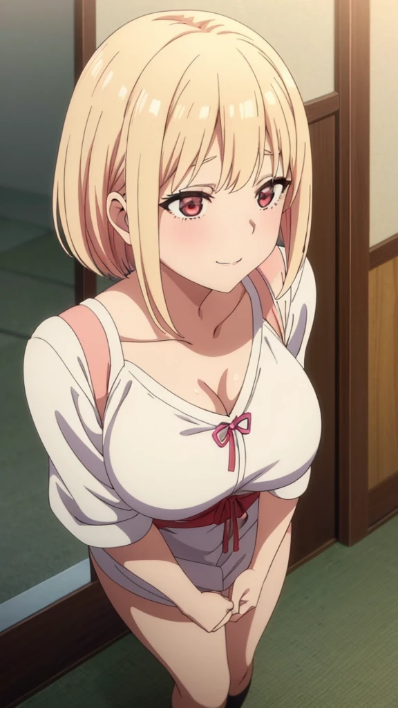 best image quality、high quality、18-year-old、1 girl, masterpiece, Top class dormitory、,Thread Clothing、wool bra、(((Enlarge the subject)))、Upper body、(Laughter:1.1), , (wide open eyes:1.2)、glare of the sun, perfect lighting, 、Bokeh, written boundary depth, blurred background, Senzoku Nishikigi、Blonde short bob、red eyes