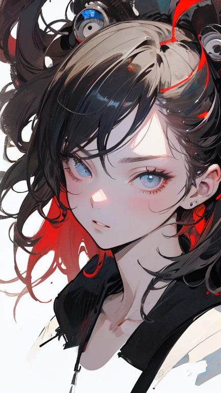 a young woman with a slender and athletic build, sporting long black hair usually tied up in a ponytail. Her face boasts decisive features, with piercing anime eyes of vivid color like red, and luminous skin. She wears no clothes, allowing agile movements during combat. Her posture reflects readiness for action and mastery in the art of assassination. she has a arrogant gaze, like shes looking at you from above and thinking shes better