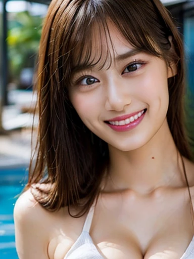 (8k、RAW photo、highest quality、masterpiece:1.2)、(realistic、Photoreal:1.37)、extraordinary beauty、((small breasts:1.5)),、((abs)),((Red string bikini with flashy pattern:1.3)),Super detailed、超A high resolution、1 25-year-old Japan woman、see the beholder、beautiful and detailed face、laughter、narrow、(slim waist) :1.3)、Fine and beautiful skin、skin texture、floating hair、professional lighting、as a whole human body、long hair、random hair、no makeup、Moisturizing lipid summer mountain stream