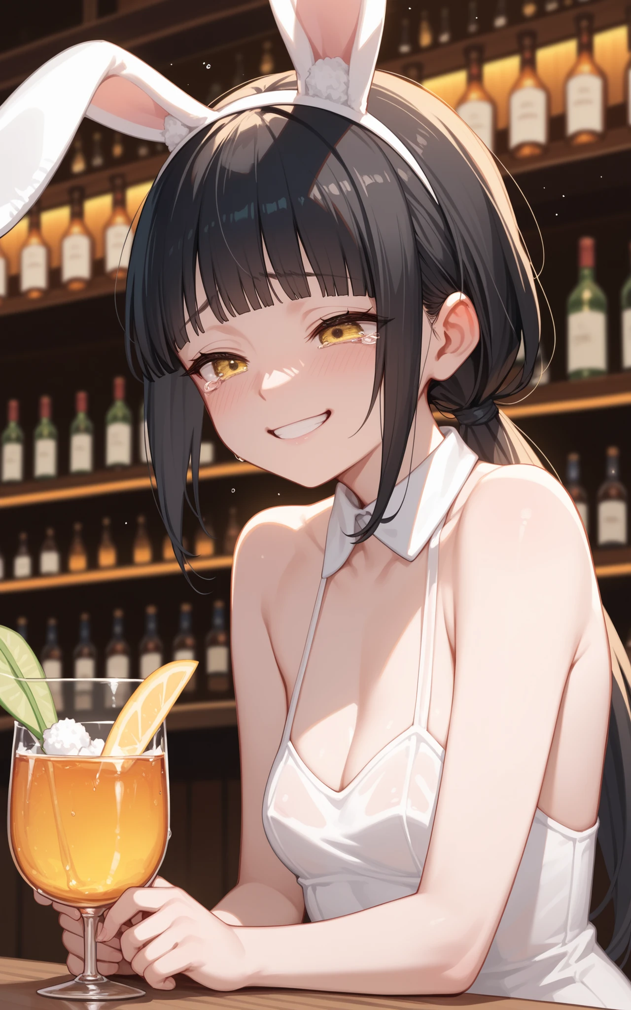 female, black hair, blunt bangs, low ponytail, Yellow eyes, bar, see through white bunnygirl, Bashfulness, cry, shame, sobbing, smile, sad, anime, 