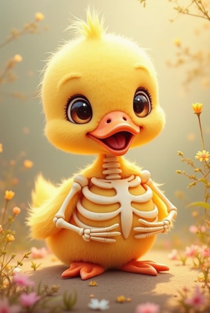 A chick in a skeleton costume, a horizontal rectangular image 