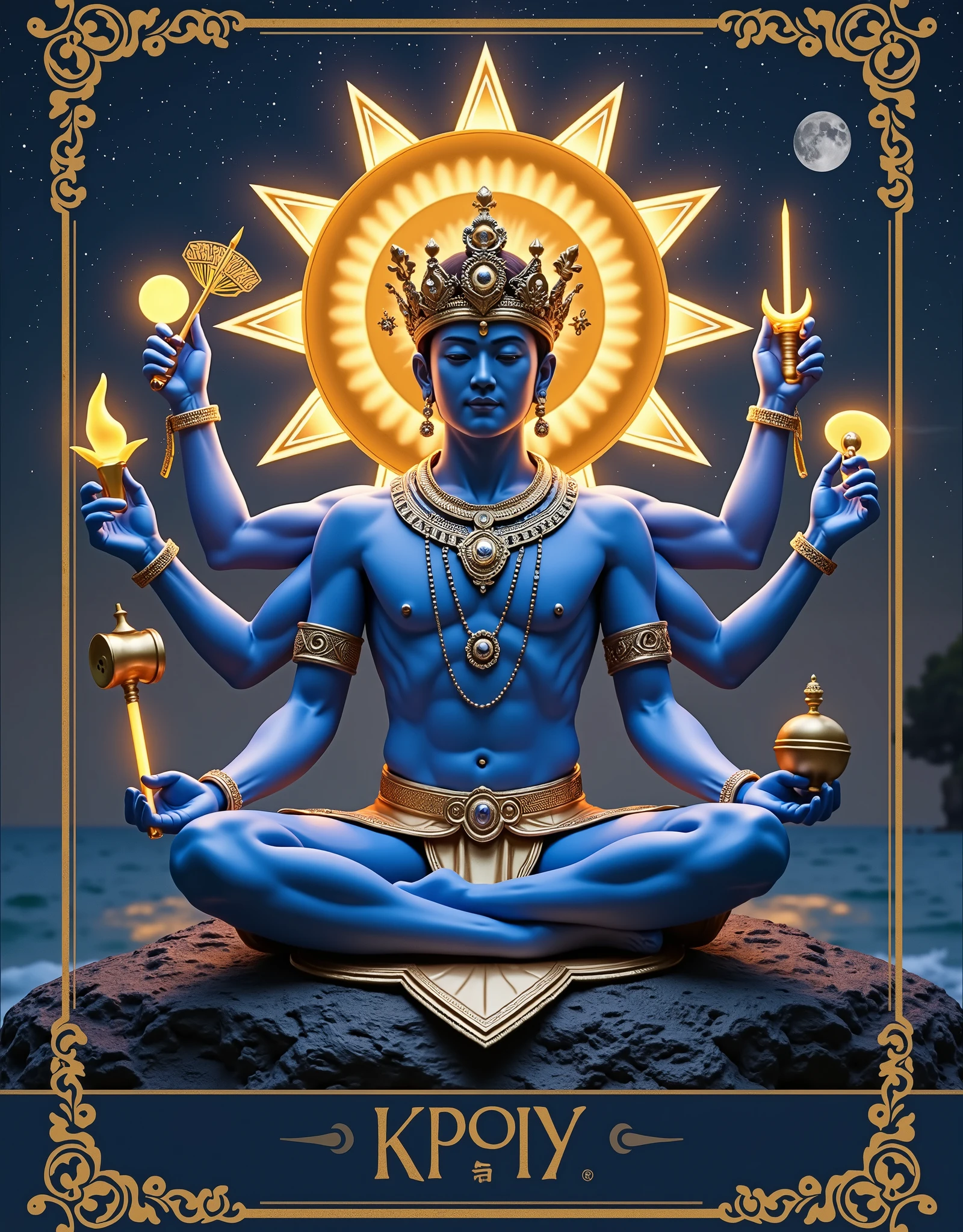 masterpiece, Reality, Best Quality, Ultra High Resolution, absurd, A plate of meditating Asian male deity(Coordinated disc floating in the air), young, Handsome, Perfect Face , Six arms(Each hand holds a golden glowing treasure: Handbell, sword, Hammer, Copper ring, Banana fan, Small Axe), decorated crown with gold jewelry, Gold Glittering Gemstone Ornament, Gold Back Halo, naked upper body, pale skin, slim body, Muscle Development, Abdominal muscles, perfect body proportions, Starlight Shorts, Full Body Gold Luxury, night, starry sky, Sea, soft light background, Cinematic Light, Wrong Complicated Detail, The composition is clear, 8K,