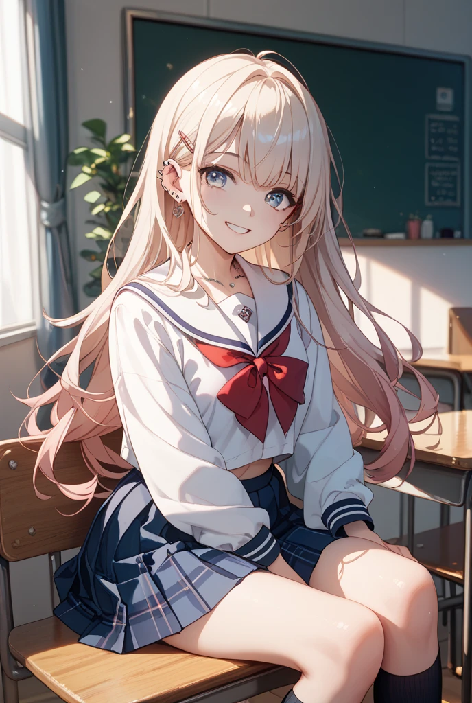 rezeroemilia, emilia, Braid, crown Braid, flower, hair flower, hair ornaments, long hair,hair ribbon, smile,blush,open your mouth,Black Abyss Glasses,black sailor uniform,black pleated skirt,white pantyhose,brown loafers,sitting cross-legged on a chair,There is a textbook on the desk,
break indoors, School classroom,
break looking at viewer, (cowboy shot:1.5),
break (masterpiece:1.2), highest quality, High resolution, unity 8k wallpaper, (shape:0.8), (fine and beautiful eyes:1.6), highly detailed face, perfect lighting, Very detailed CG, (perfect hands, perfect anatomy),
