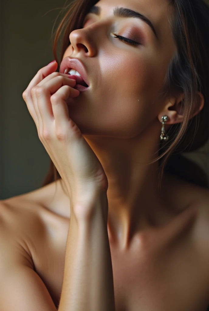 photorealistic image of a woman surprised by a huge orgasm, is stretching her limbs and arching her back like a cat