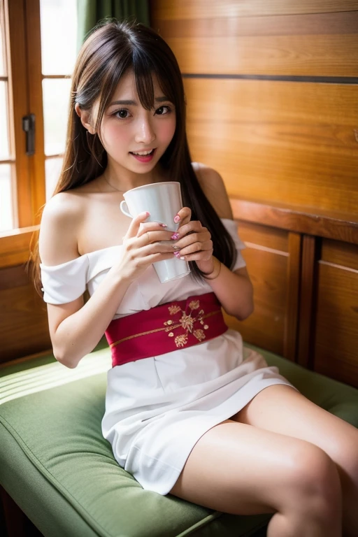 in the morning, white yukata, from below, whole shot,  collarbones,  (sitting spread legs:2.0), red silk underwear, open chest, extremely detailed body, Perfect female body, woman, 17 years old, detailed long hair, (wet hair:1.1), beautiful detailed face, (seductive smile:1.2), cleavage cutout, (wet clothes:1.2), Japanese style architecture, masterpiece, extremely detailed, in bedroom, nsfw