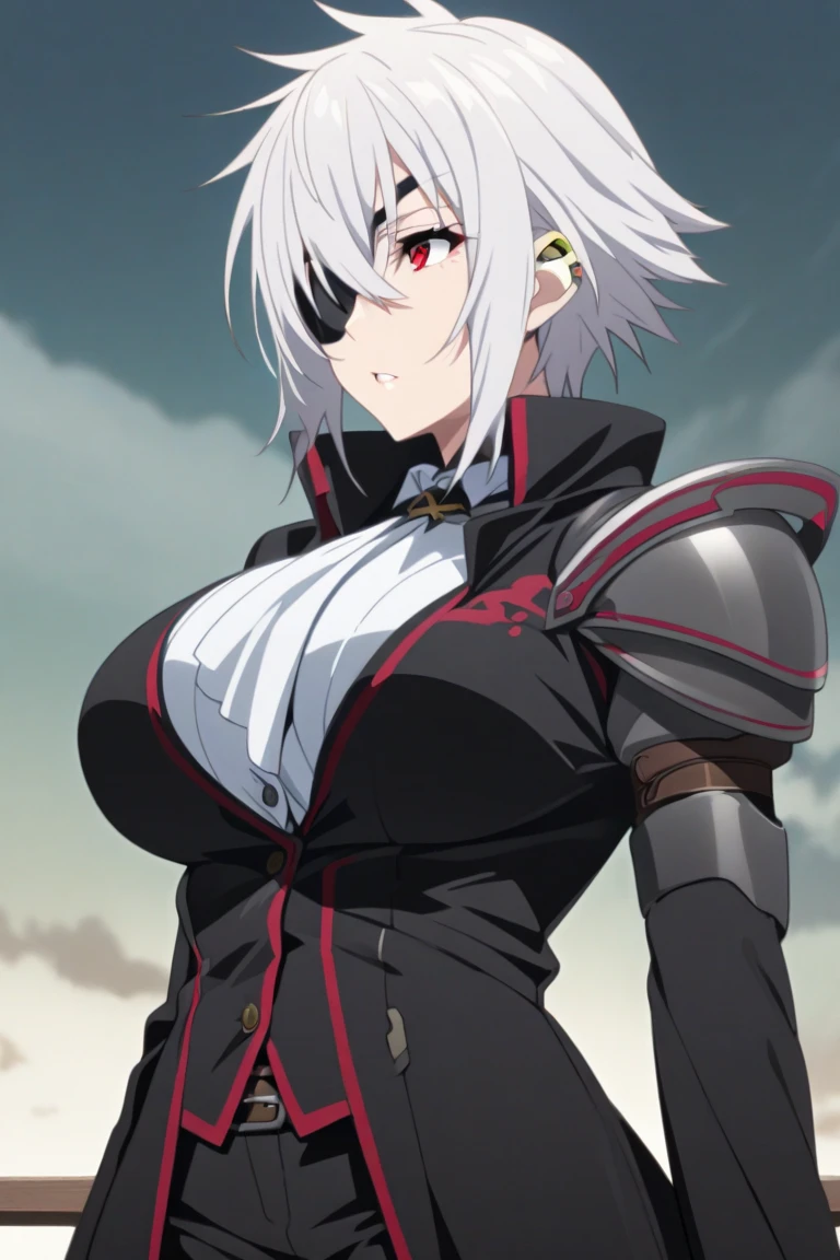 1girl,gigantic breasts,standing in ruined city,(8k),scratches,detailed face,white hair,red eyes,long hair,embarassed,small smile face,high_res, high_definition,the battlefield,Heroic pose,dark suit,military hat,black cape,(symbiote spider man Custome:1.1),