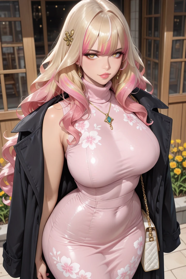 (Masterpiece, BestQuality:1.3), (ultra detailed:1.2), (hyperrealistic:1.3), (RAW photo:1.2), High detail RAW color photo, professional photograph, (Photorealistic:1.4), (realistic:1.4), (Pink Hair:1.5), professional lighting, perfect anatomy, (Big Breasts:1.2), (blush, detailed face), (cheerful Smile:1.5), Trending Hair&Trending Hairカラーをランダムに, earrings, necklace, bracelet, sexly, erotic sexly, Random sexy gravure poses, (A woman in a gold dress at a party、Looking at the camera happily。With long wavy hairstyle、One hand on hip。: 1.3)