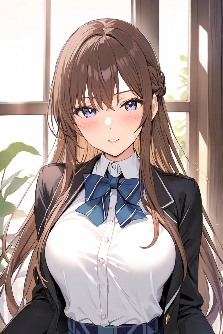 ((best quality, high resolution, pixel perfect, 4K))), 1girl in, single, alone, Beauty、see whole body、 ((Long hair to waist, Bangs, reddish brown hair)), ((blue eyes, beautiful eyelashes, realistic eyes)), ((Detailed face, blush:1.2)), ((smooth texture:0.75, lifelike质感:0.65, lifelike:1.1, Anime CG style)), medium breasts, Perfect body, ((black short sleeve shirt, light blue skirt, Plaid skirt,Black tights)), smile in love, sit on the chair, Lift your skirt with both hands、(The wind was so strong that my skirt blew over,The chest is exposed、Black tights) , night view