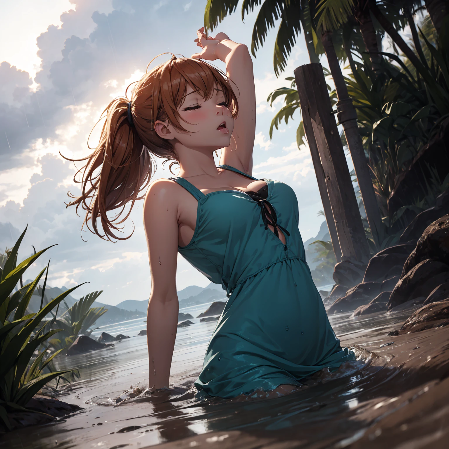 masterpiece:1.2, (best quality), ), (8k, 4k, ), viewed from the bushes, highly detailed:1.2, detailed face:1.2 ,(dynamic pose:1.2),( anna is bathing), 1girl, solo, green eyes, auburn hair, towel, hair is loose, hair is wet, river