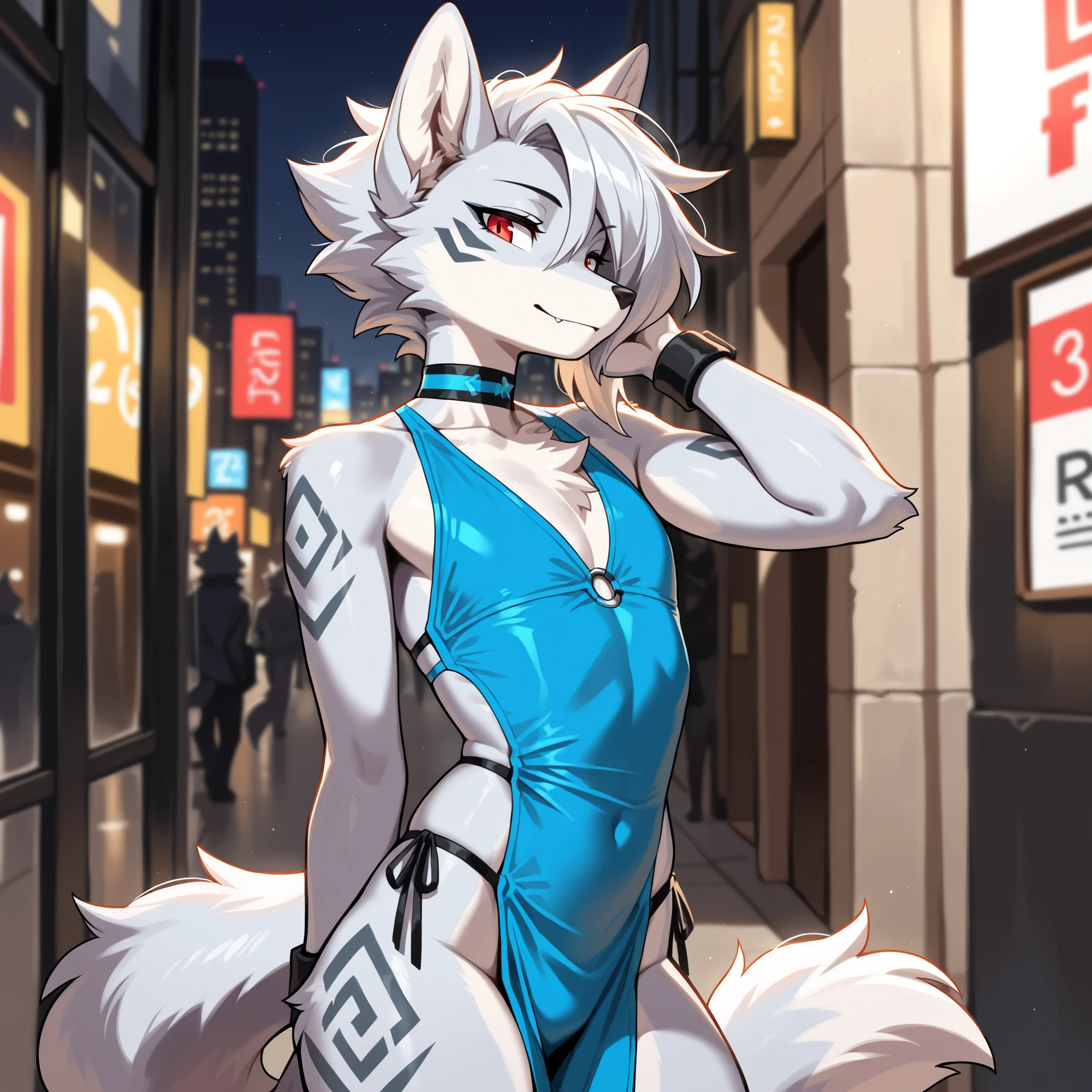 ((masterpiece, best quality)), (anthro furry:1.3, snout:1.2, anthro:1.3, furry:1.2, solo male:1.2) source_furry, rating_safe, (correct anatomy:1.1), kemono, furry wolf, anthropomorphic, male, silver fur, silver skin, red eyes, femboy, flat chest, sci-fi clothes, (blue clothes) revealing clothes, modern city, uploaded on e621,
