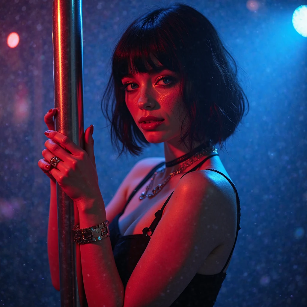A cleavage big enough to hold a penis、Japanese women、Alice Hirose、Female vocalist with short bob hair、Metal Band、Solo artist、live house、Lots of stage smoke、Blue lighting、Thick eyelashes、Extensions、Smoking、