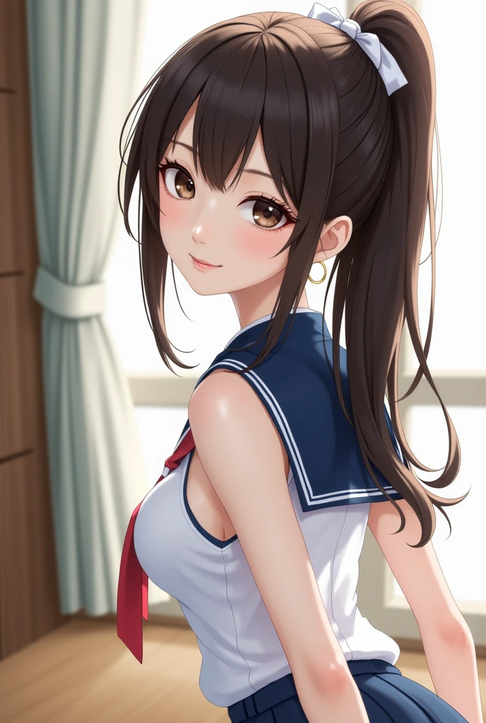 (highest quality, 8K, 32k, masterpiece, nffsw:1.2), (RAW photo), (realistic), (Photoreal:1.2), (High resolution), Super detailedな, very beautiful face and eyes, 1 girl, round and small face, big breasts thin waist、(((small breasts)))、(((white wall background)))、slim proportions, (swimsuit:1.23), (bust shot)、(((redhead)))、((short sleeve sailor suit))、laughter、looks happy、(fold your arms in front of the chest)、(Close-up、highest quality、high detail、Rich skin details、nffsw)、(highest quality, 8K, oil, table top:1.2), Super detailed, (realistic, realistic:1.37), (((full body shot)))、Bright colors, (((fold your arms)))、(((sexy atmosphere)))、(((20 year old woman)))、(((Place your index finger next to your face)))、((messy hair))、(((naughty look)))、((Bust isDcup))、(((light brown hair)))、(((length)))、(((white background))), (((bullish smile)))、(((cleavage)))、(((girly hairstyle)))、(((long hair)))、(((in front of a white wall)))、(((light brown hair)))、(((laughter)))、(((calm face)))、(((The girth of the chest is 85 cm)))、(((small breasts)))