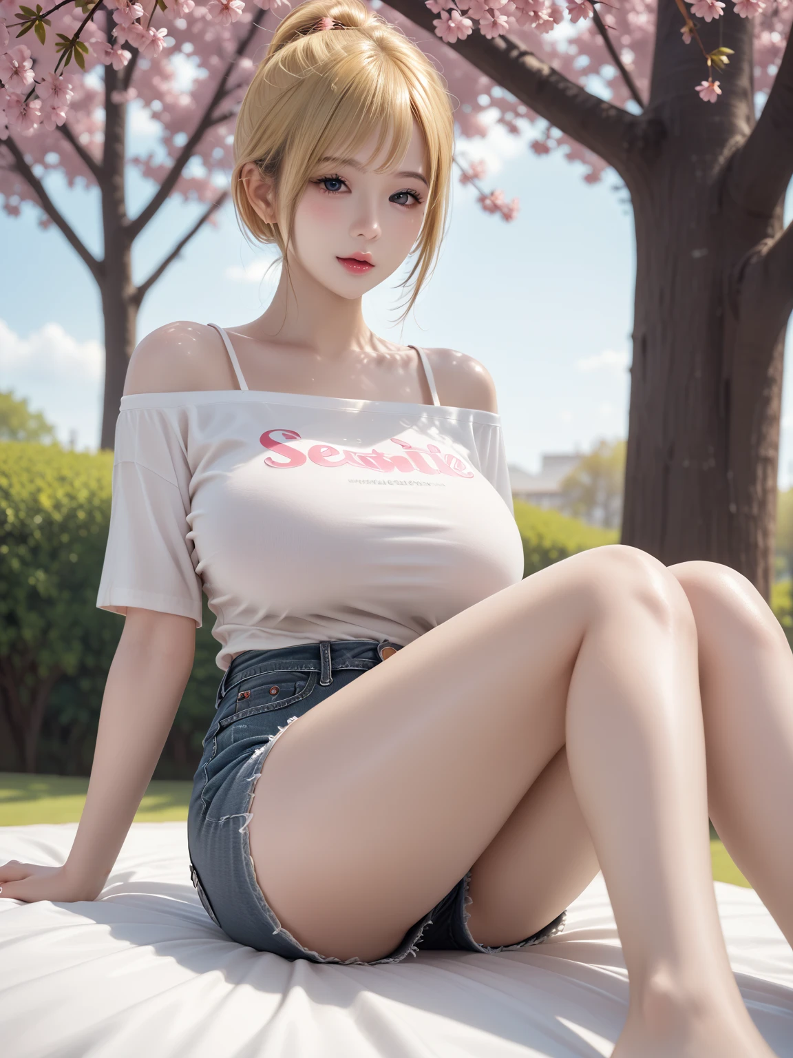Young white small girl with violet hair, short_height, small_frame, cute_tiny_clothes, low_v_cut_small_top, showing_cleavage, defined_thin_body, huge_breasts, park, cute, detailed, hd, 4k, perfect_face, detailed_anatomy, perfect_body, full_body