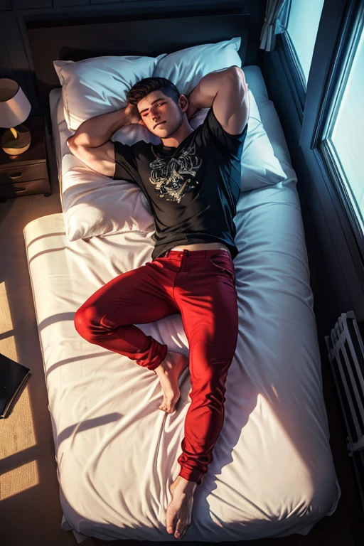 Handsome shirtless guy with good figure,Lying in bed wearing only underwear.Placing your hands on your belly, he seemed satisfied, red roses, bed of roses, roses in bed, red bikini, big bulge, Protruding, big crotch