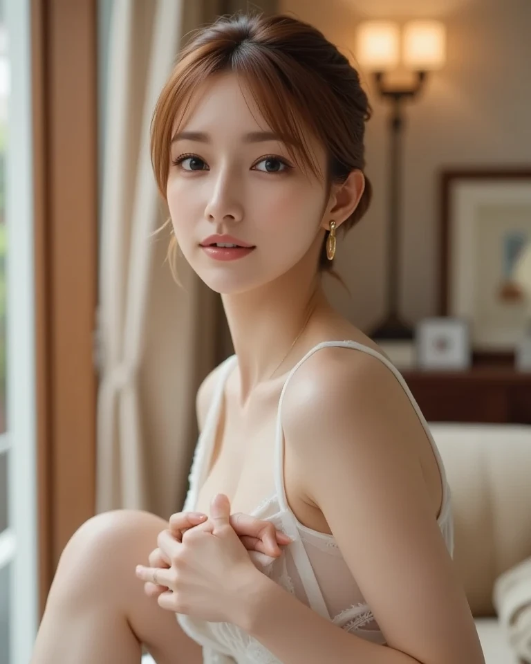 ((Best Quality, 8K, Masterpiece: 1.3)), 1girl, Slim Abs Beauty: 1.3, (Hairstyle Casual, Big Breasts: 1.2), Dress: 1.1, Super Fine Face, Delicate Eyes, Double Eyelids, Smile, Home
