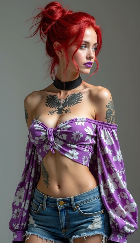 , face paint, hand on breast, gloves, fingerless gloves, nail polish, pink hair, blue hair, red eyes, short hair, multicolored hair, makeup, big boobs, Huge hips and thighs, blood, knife in hand, open creepy smile, big lips
soft face, in a pink and blue tight two-piece bikini with , looking down at you, dog collar, knife