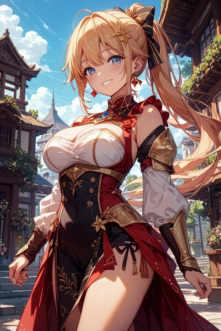 asuna,STAR, crown half up hairstyle, woman, seductive smile, large breasts, peach pink pupils, beautiful long dress, brown Clothes, dusk, dusk sky, sunset,Free Pose、Shoulder Off、Big Breasts、Cleavage exposure、Only one woman、Low - Angle、Overdecoration