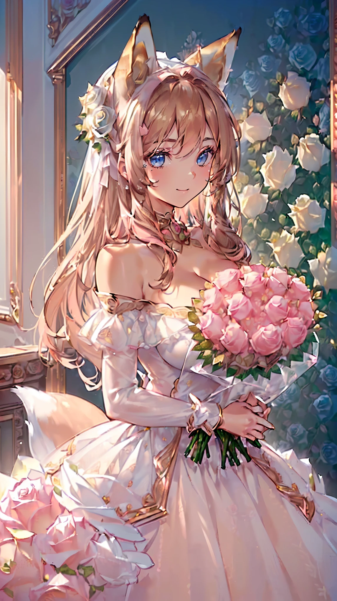 (((Masterpiece))), (((Highest quality))), ((very detailed)), ((Very detailed illustrations)), ((Very detailed drawings)), (วอลล์เปเปอร์Highest quality 16K:1.4), (upper body:1.4), (Highly detailed and delicate illustration format:1.8), Fine texture, Fine fabric, Texture of fine roses, Fine wood texture, Very detailed explanation, (T-Masterpiece), (Highly detailed face:1.4), manuscript, raw image, professional, complicated details, Awesome details, Direct light:1.6, (perfect anatomy:1.4), (Highly detailed hands:1.2), (highly detailed fingers:1.2), (ปลายhighly detailed fingers:1.2), (27 years old), TRUE, (alone:1.6), ((A very beautiful and attractive fox fashion model who is the messenger of God and a young woman in the holy shrine, according to tradition.:1.4)) brakes (Beautiful and cute fox ears:1.6), (Highly detailed and delicate fox ears:1.4), (big breastsสวยงามและมีรูปร่างดี:1.2), (Beautiful buttocks and good shape), (Beautiful shiny golden brown hair:1.6), (Fine and delicate golden brown hair:1.4), (Beautiful transparent blue eyes that shine with great detail.:1.6), (Blue eyes with high detail and delicate:1.2), (Highly detailed face:1.4), (smile:1.4), (look at viewer:1.4), (stand:1.4), (celebration:1.4) brakes ((A beautiful and elegant princess dress that is detailed and delicate to wear on a festive occasion:1.4)) brakes ((In both hands, hold a large bouquet of flowers with high and delicate details. ((White and pink roses)):1.3)) brakes (Afternoon only.:1.4), (celebration:1.4), ((ดอกกุหลาบสีขาวที่มีรายละเอียดสูงและละเอียดอ่อนและพื้นหลังสวนดอกกุหลาบpink:1.4)), (High detail and delicate palace courtyard background in the spring afternoon:1.4) brakes ,big breasts,Show your breasts,The cracks are clear...,((big tits))，(pubic bone), rift, visible chest, Show your breastsของคุณ, open chest,((bare breast:1.37)), I see bulging nipples.,(((large areolae:1.4,pink,The nipples are clearly visible.....))),