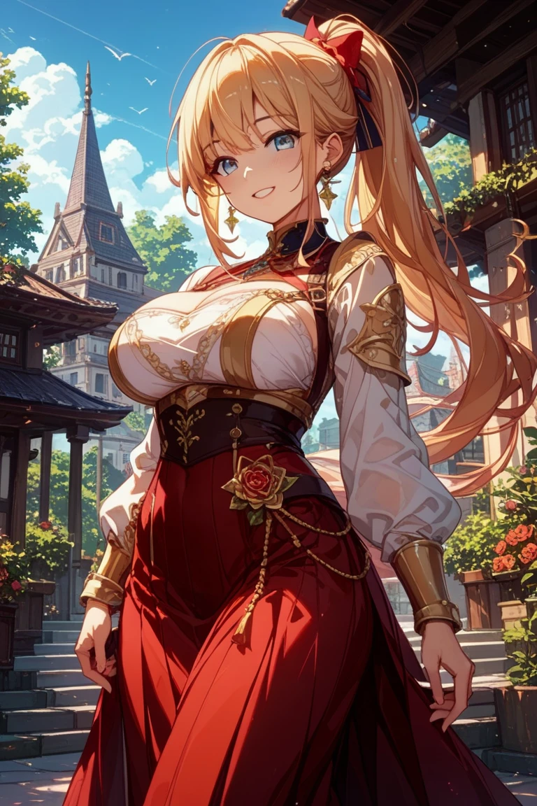 Masterpiece, digital illustration, A gorgeous milf in Slavic dress, happy, village, solo, people in background, highly detailed, volumetric lighting, intricately detailed, skimpy, 2D style,
