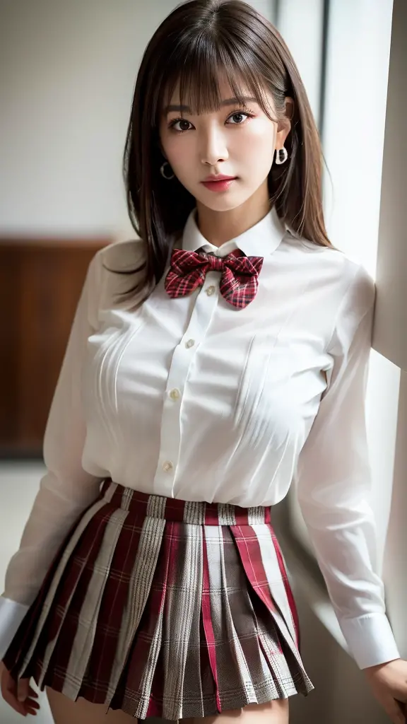 1 girl, national foundation, ((8k, raw, masterpiece: 1.5)), (Professional photography, sharp:1.2), Perfect dynamic composition, (Natural sun light), (soft shadow), (Perfect body:1.4), (((skinny figure))), ((huge round breasts: 1.1)), (((((medium straight hair,bangs))))), Ultra-detailed faces and skin, perfect asian, White skin, (Delicate skin:1.4), (latex skin:0.4), (perfect glowing skin:0.6), light brown eyes, beautiful eyes, round eyes, pretty face, blush, glossy lips, ((plump lips)), glossy eyes, Really moist skin, looking at camera, Elegant pearl necklace, Elegant earrings, minimalist, (((red jk suit, plaid skirt, pleated skirt, shirt, bowtie))) 